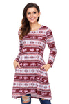 Geometric Snowflake Burgundy Long Sleeve Christmas Dress