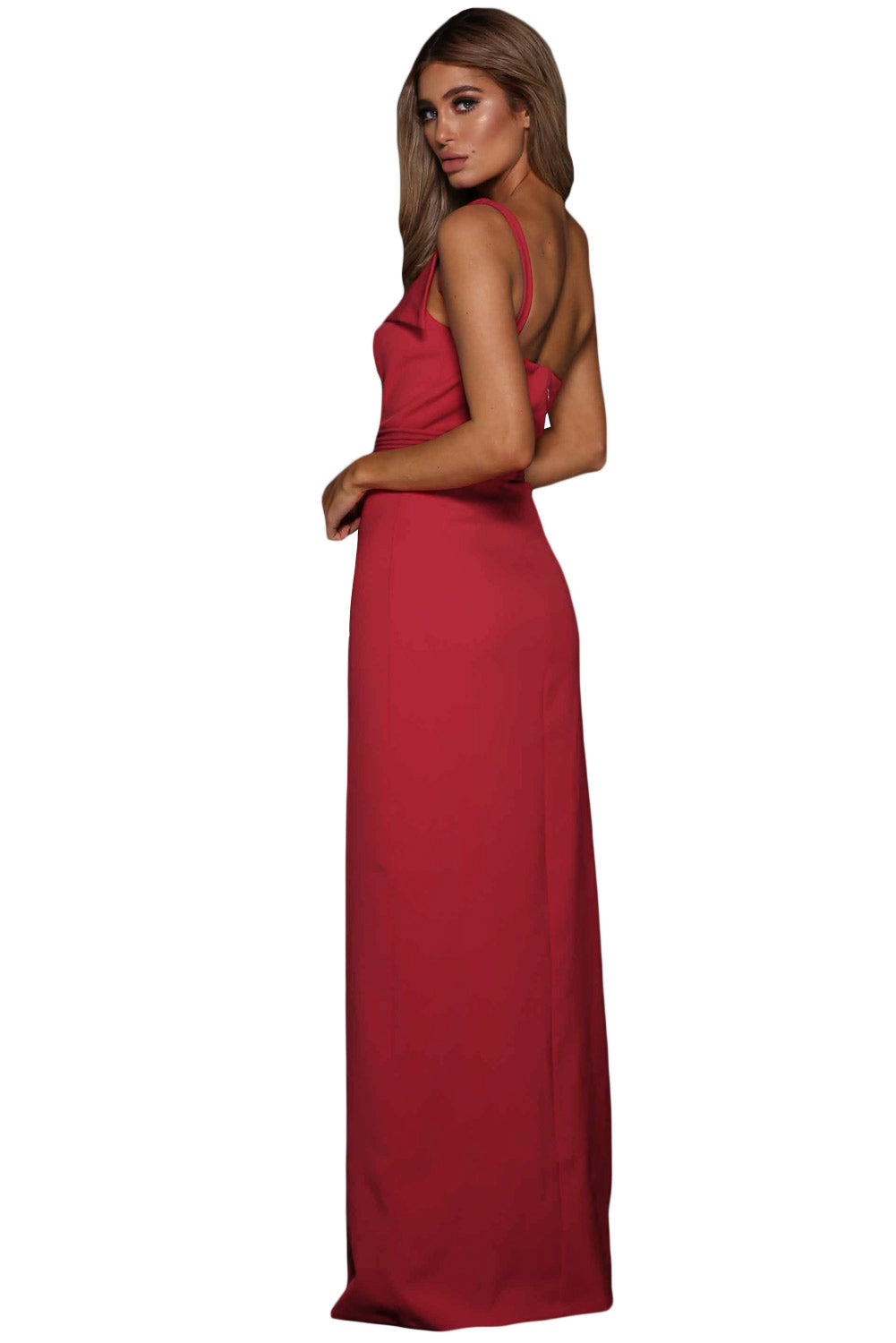Red Asymmetric One Shoulder Floor Length Party Dress