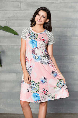 Pink Backdrop Floral Print A-line Loose T-shirt Dress