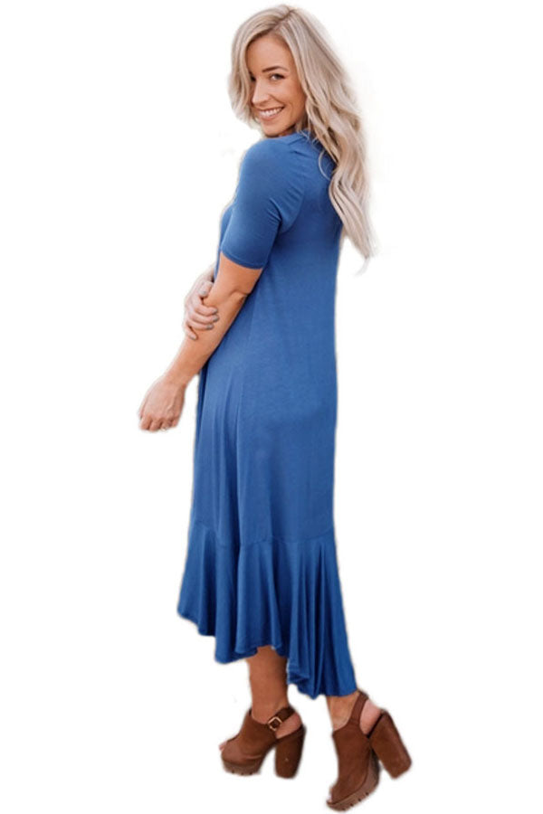Slate Blue Flowy Ruffles Short Sleeve Casual Dress