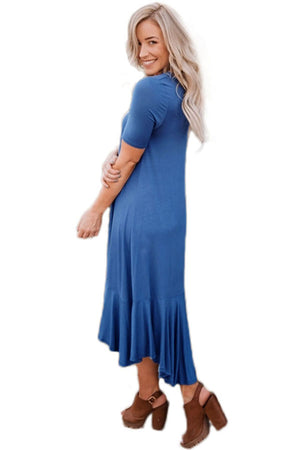 Slate Blue Flowy Ruffles Short Sleeve Casual Dress