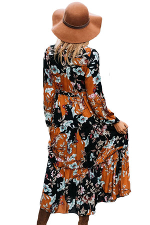 Black Mustard Floral Print Long Sleeve Boho Maxi Dress