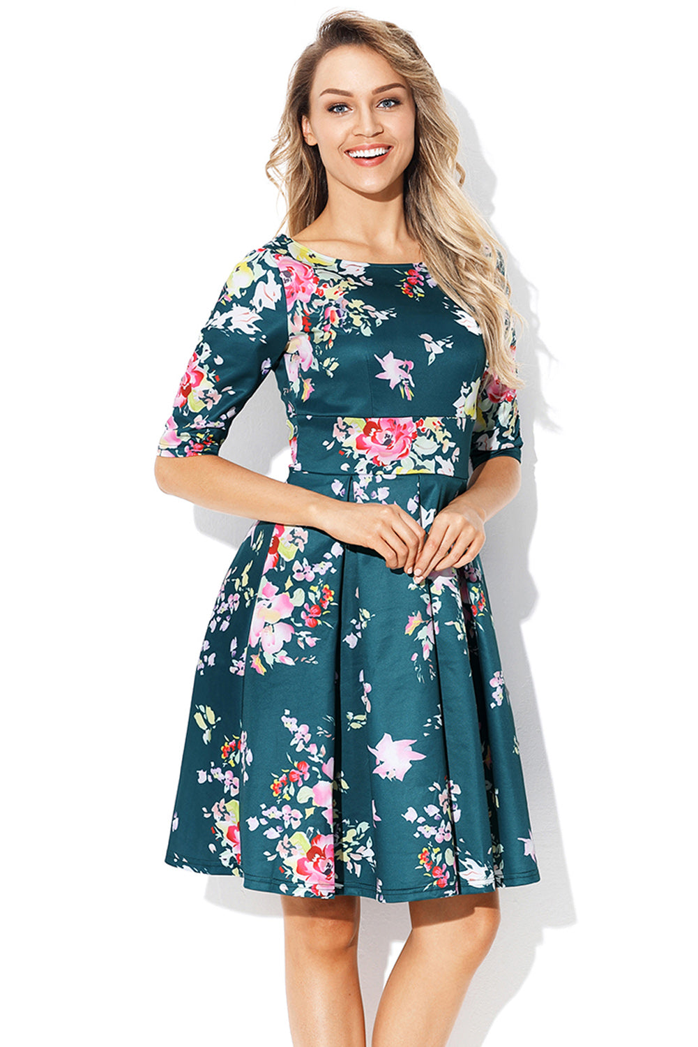 Jasper Vintage Style Floral Half Sleeve Swing Dress