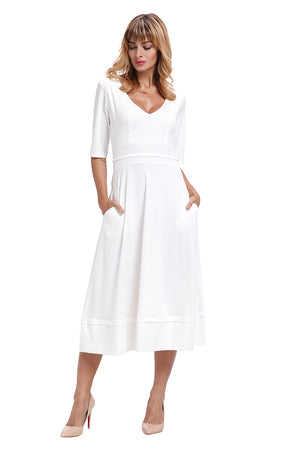 White Half Sleeve V Neck High Waist Flared Dress