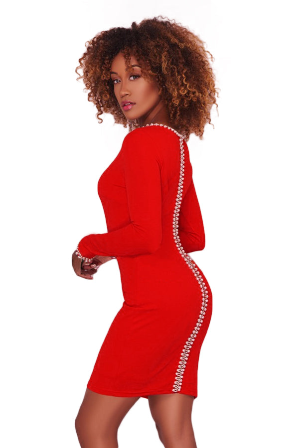 Gold Details Pearl Embellished Red Bodycon Dress