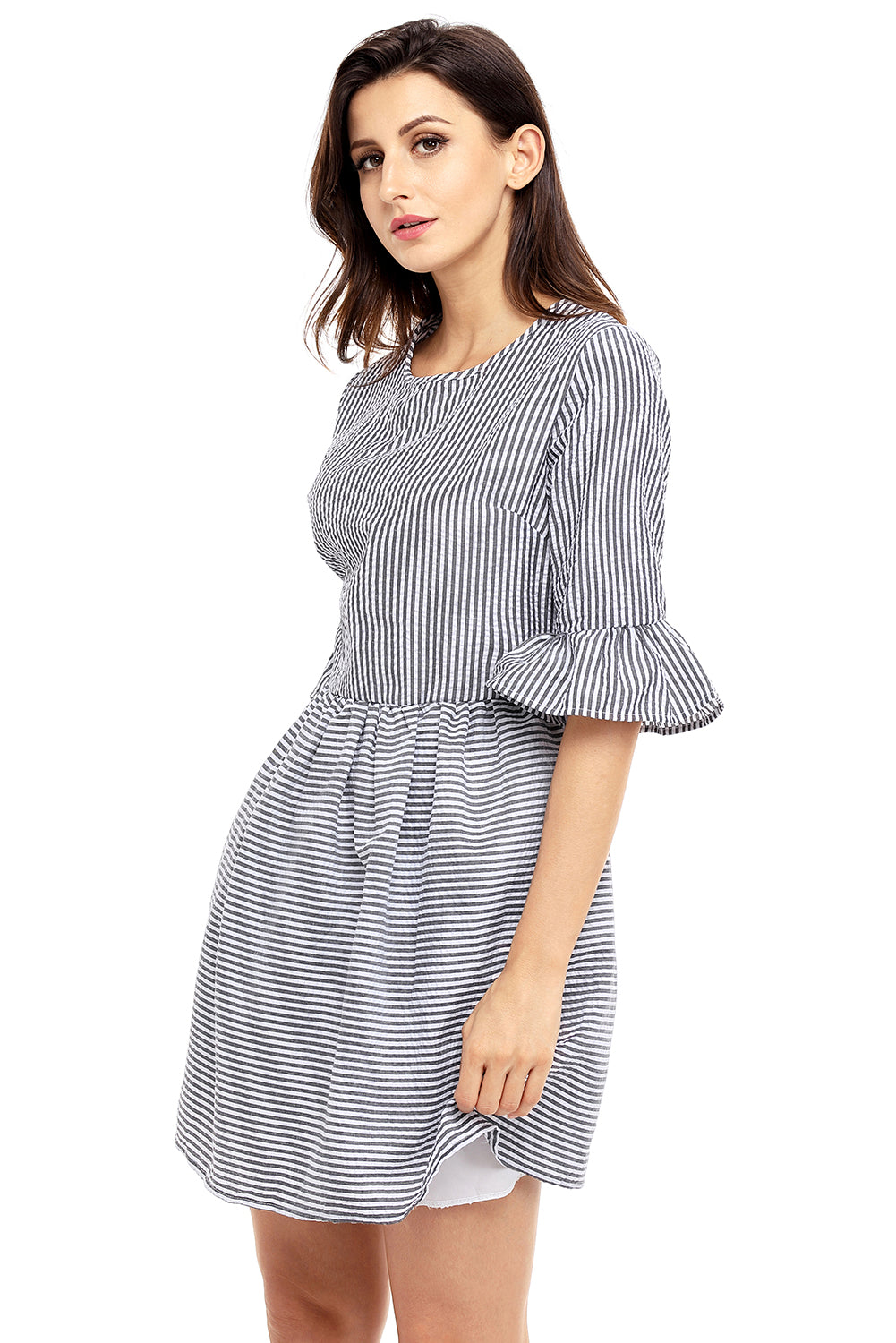 Black White Stripe Flounce Sleeve Seersucker Dress