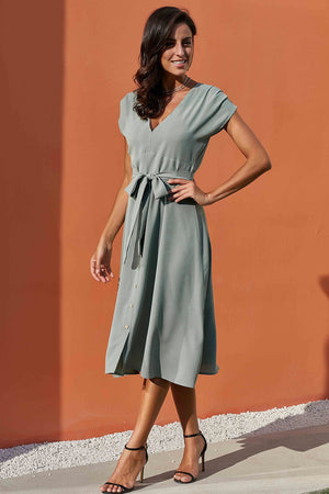 Chic V Neckline Buttons Design Green Midi Dress