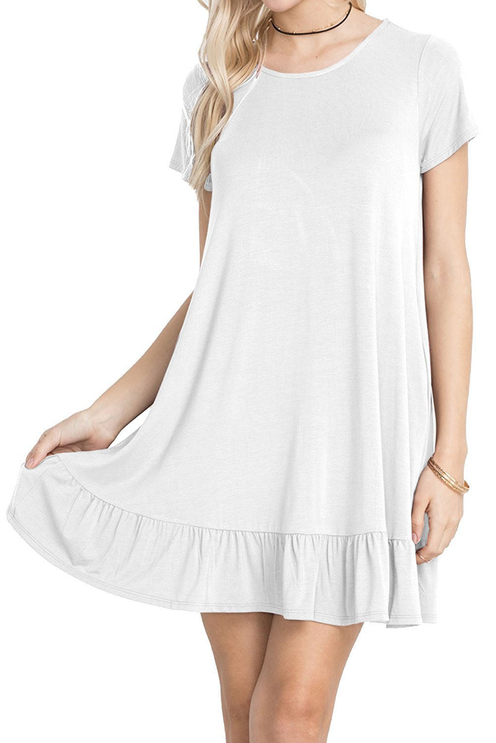 White Short Sleeve Draped Hemline Casual Shirt Dress