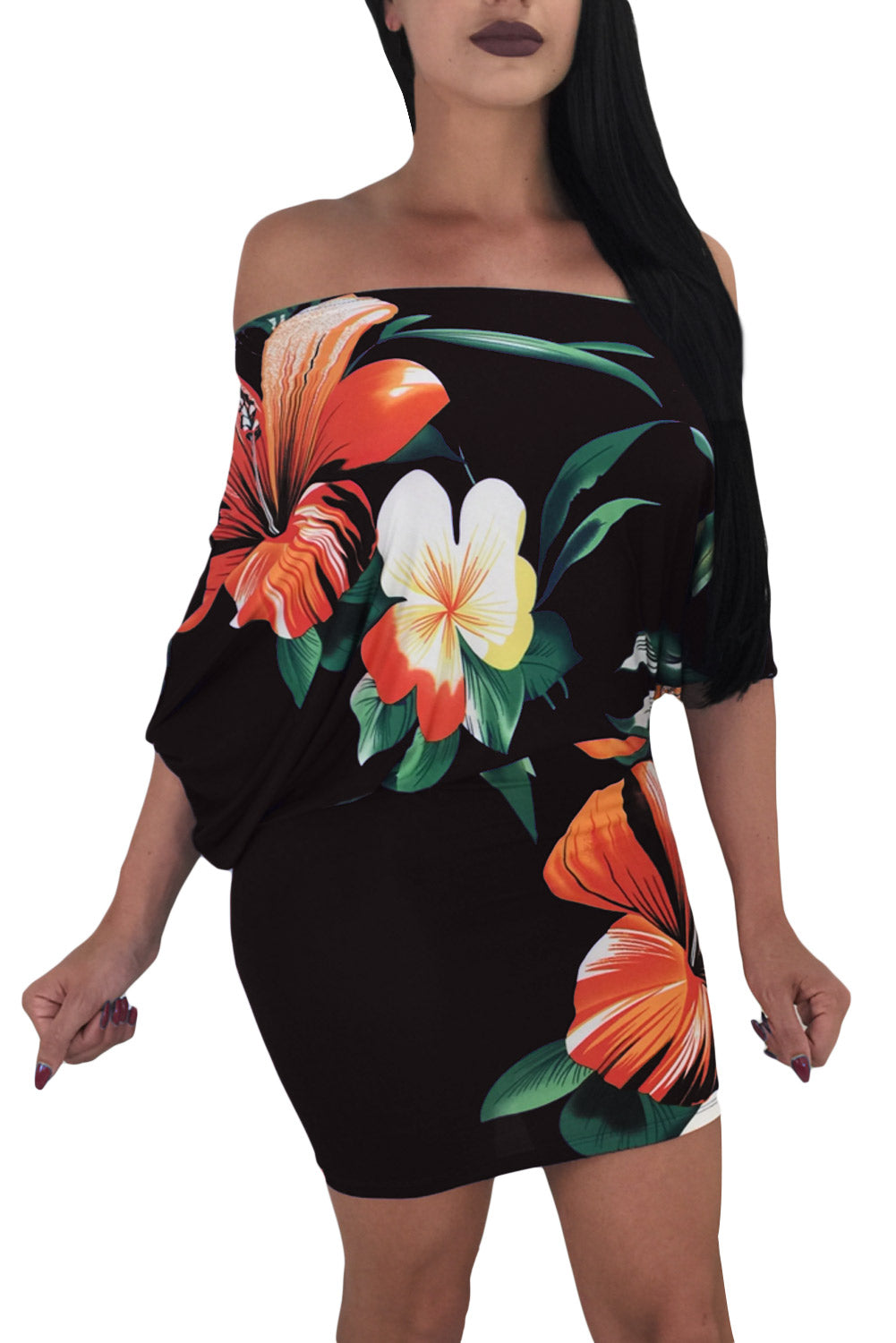 Batwing Sleeve Skew Neck Black Floral Bodycon Dress