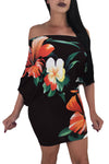 Batwing Sleeve Skew Neck Black Floral Bodycon Dress