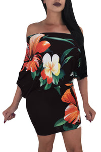 Batwing Sleeve Skew Neck Black Floral Bodycon Dress