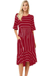 Burgundy White Striped Bell Sleeve Hi-low Midi Dress