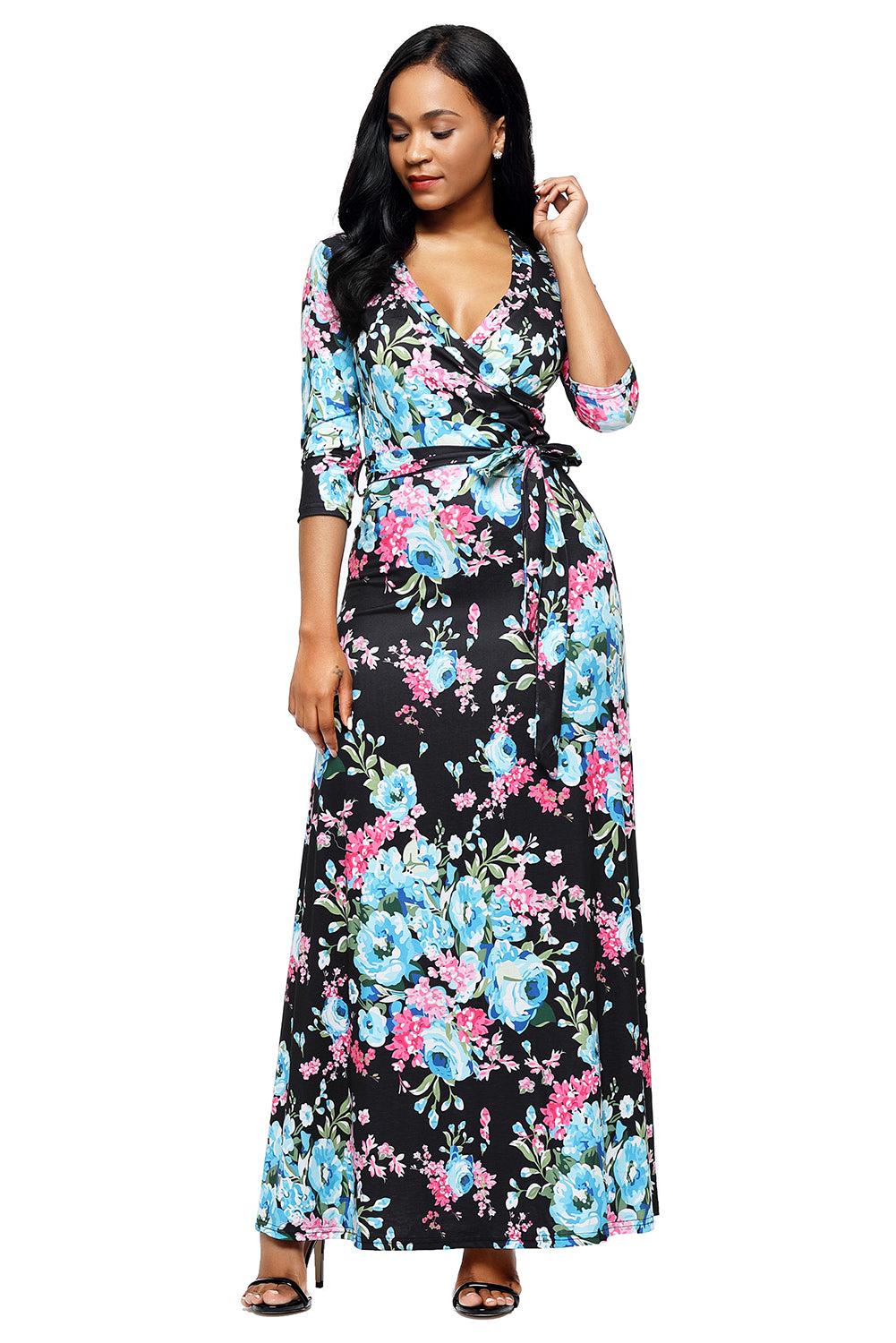 Black Blue Floral Print Wrapped Long Boho Dress