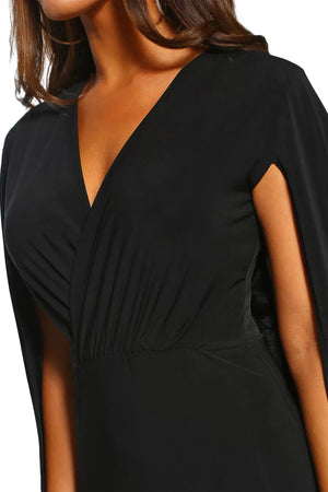 Black Manhattan Moment Cape Wrap Front Midi Dress