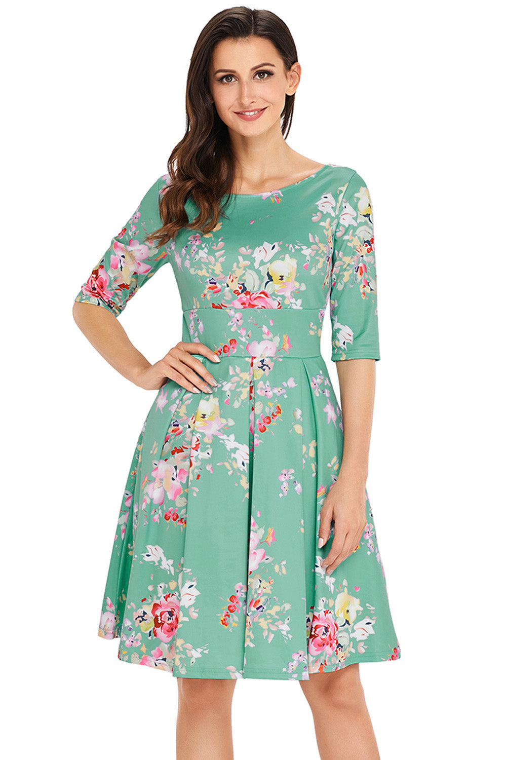 Mint Vintage Style Floral Half Sleeve Swing Dress