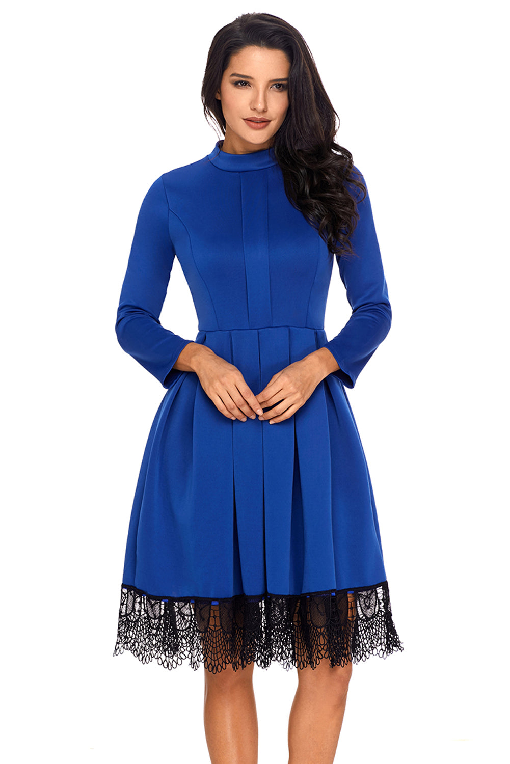 Lace Hemline Detail Royal Blue Long Sleeve Skater Dress