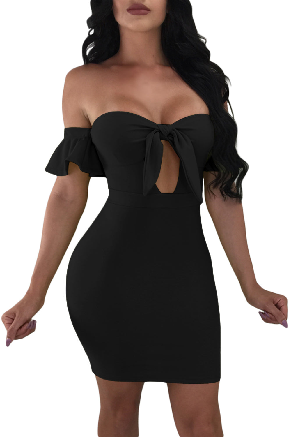 Black Flared Short Sleeves Tie Front Bodycon Dress