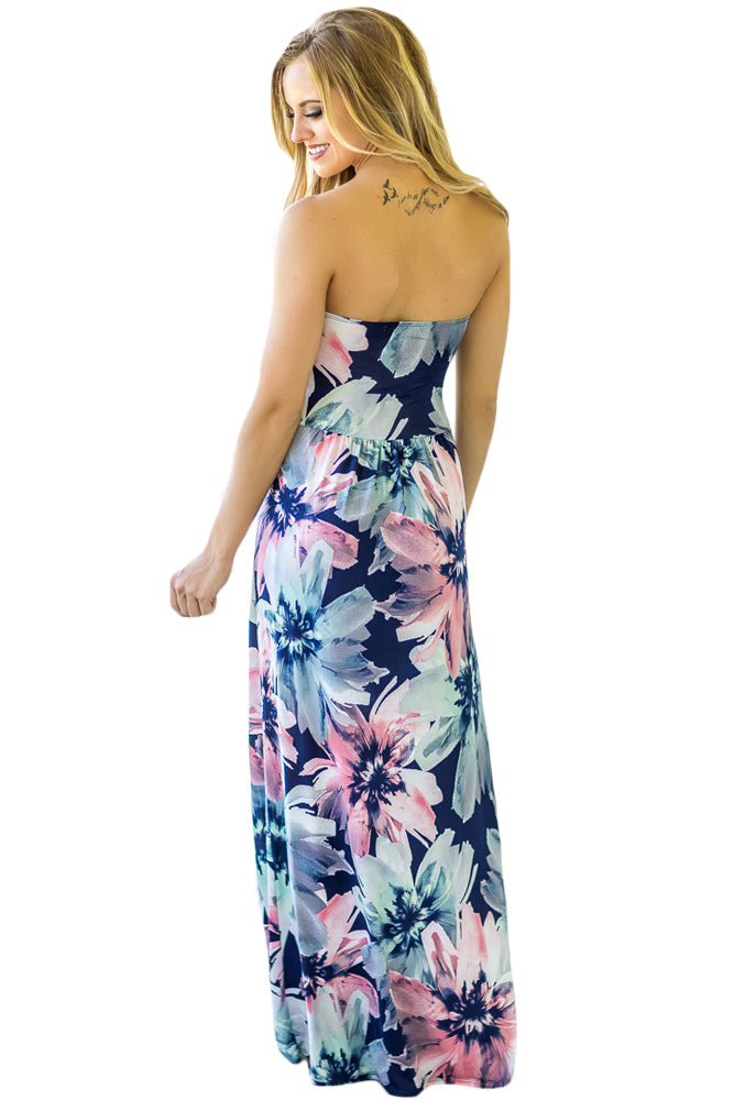 Big Summer Flower Strapless Maxi Dress with Pockets