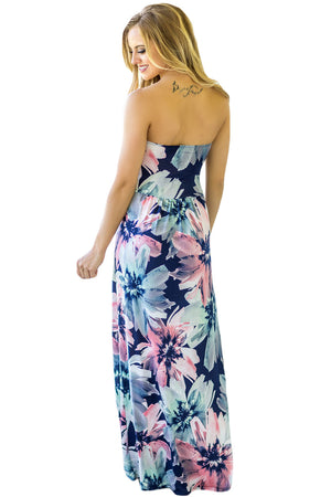 Big Summer Flower Strapless Maxi Dress with Pockets