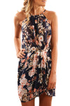 Black Halter Neck Floral Print Sleeveless Casual Mini Dress