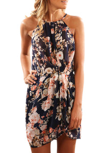 Black Halter Neck Floral Print Sleeveless Casual Mini Dress