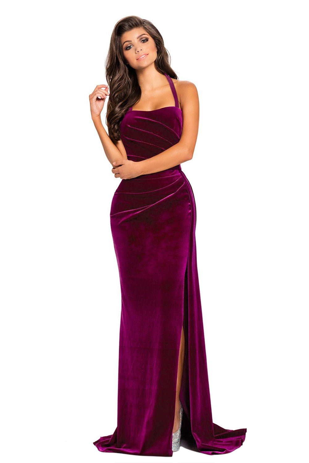 Rosy Thigh High Split Velvet Evening Gown
