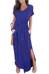Blue Casual Loose Pocket Short Sleeve Split Maxi Dress
