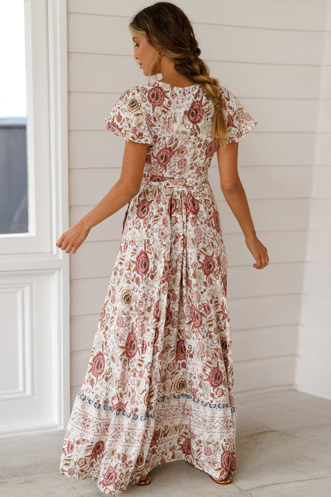 White V-Neck Beach Resort Printed Dress