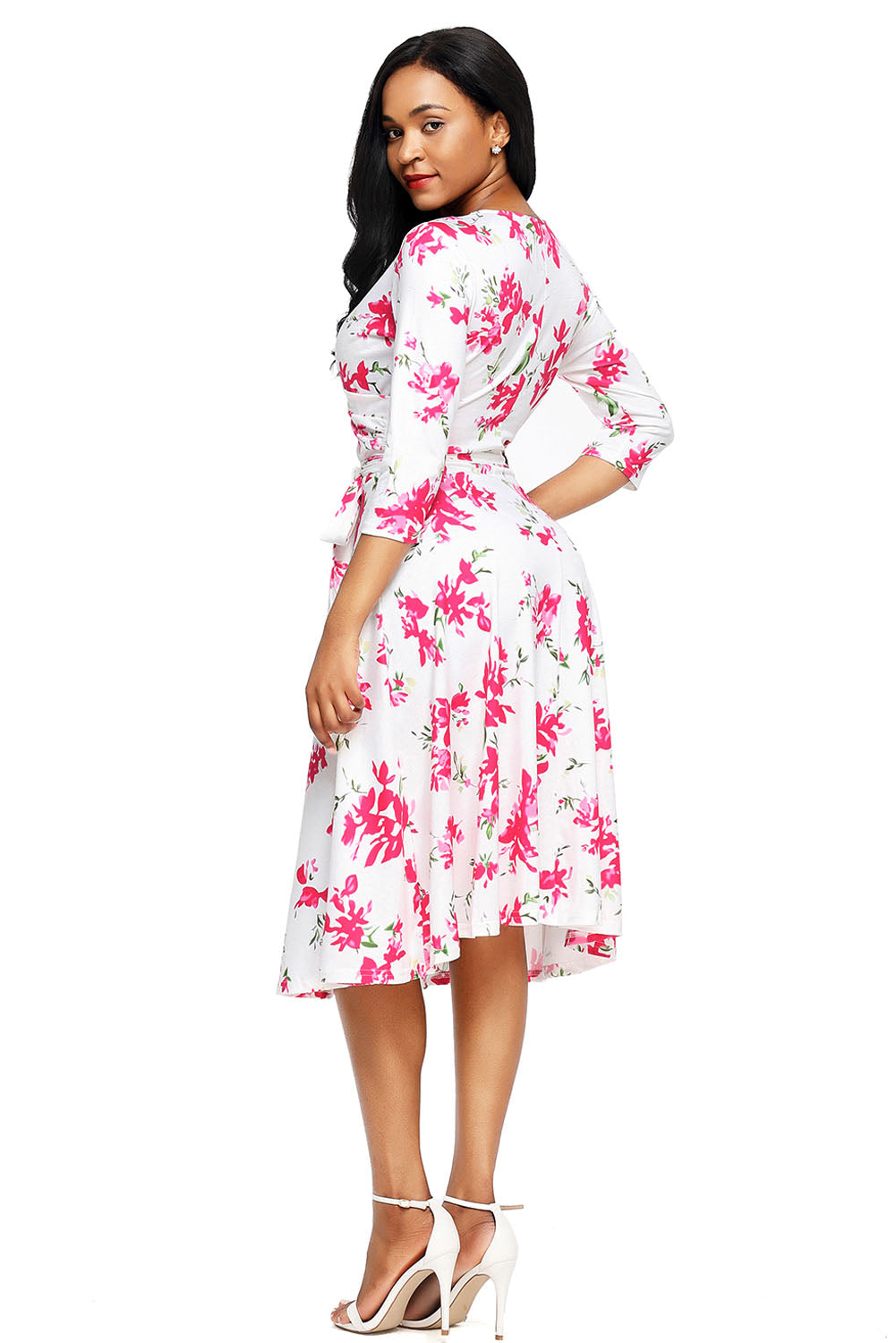Fuchsia Blossom Print White Wrap Floral Dress