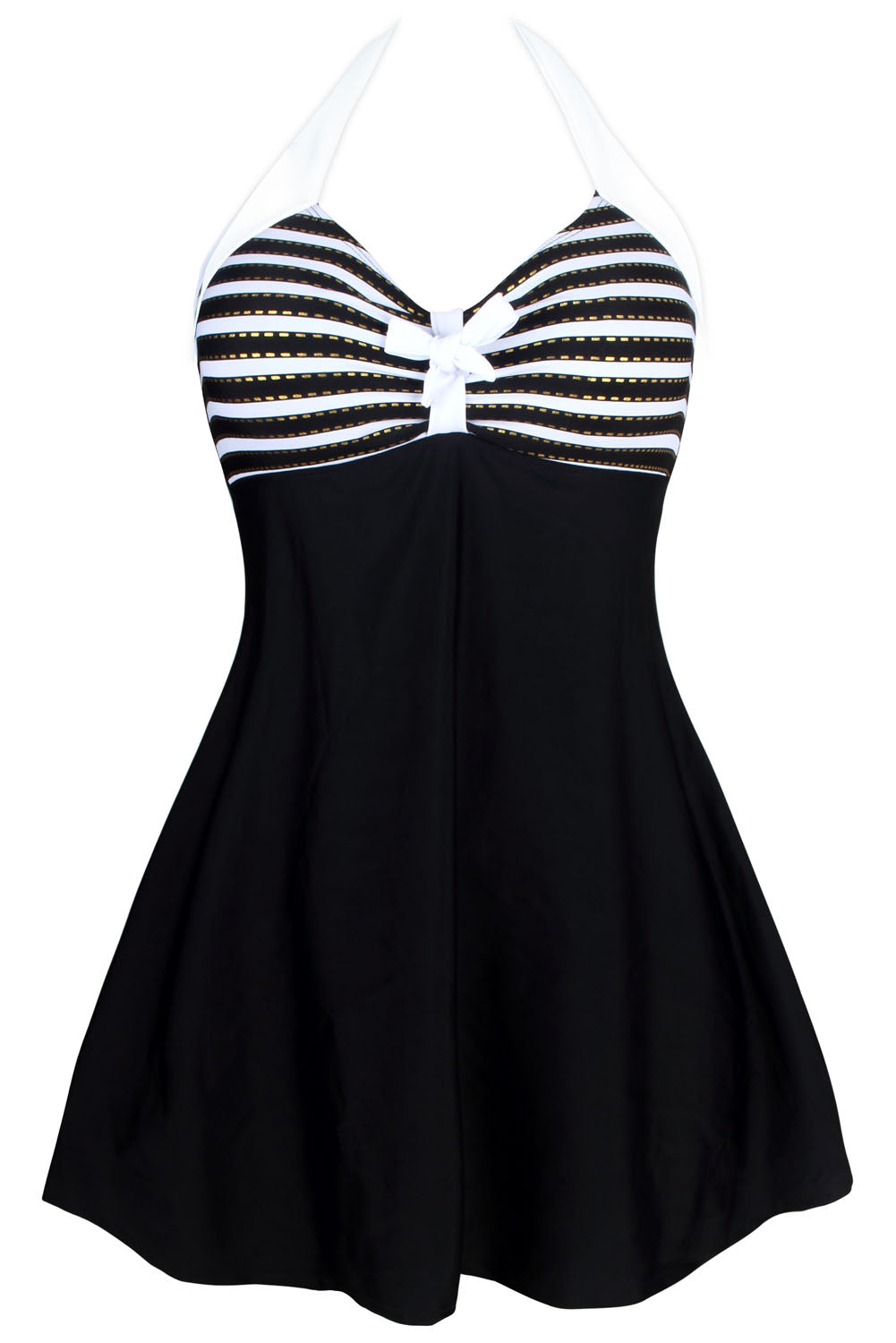 Black White Stripes Gold Trim One-piece Swimdress
