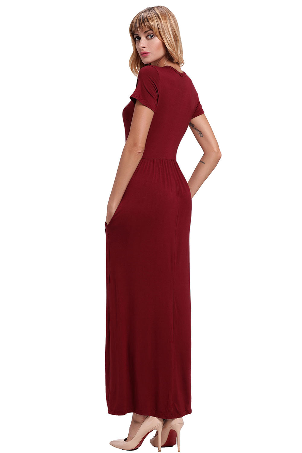 Wine Short Sleeve Ruched Waist Maxi Dress