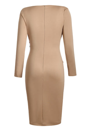 Asymmetric Button Detail Khaki Ruched Midi Dress