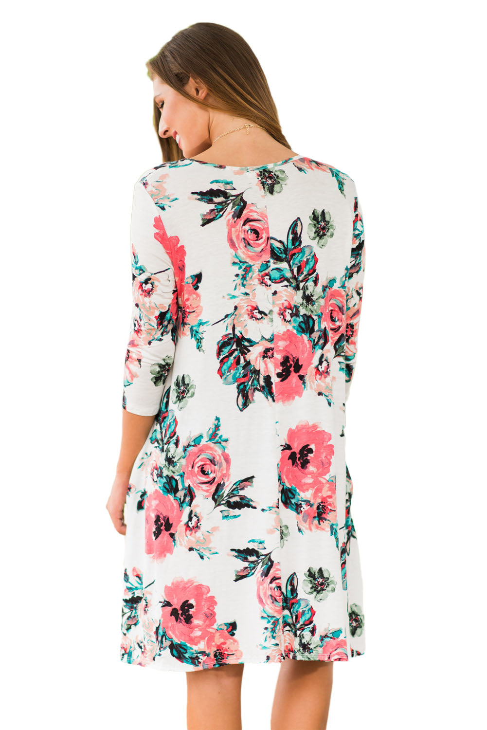 White Floral Long Sleeve A-Line Tunic Dress