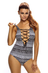 Monochrome Geometry Lace Up V Neck Teddy Swimwear