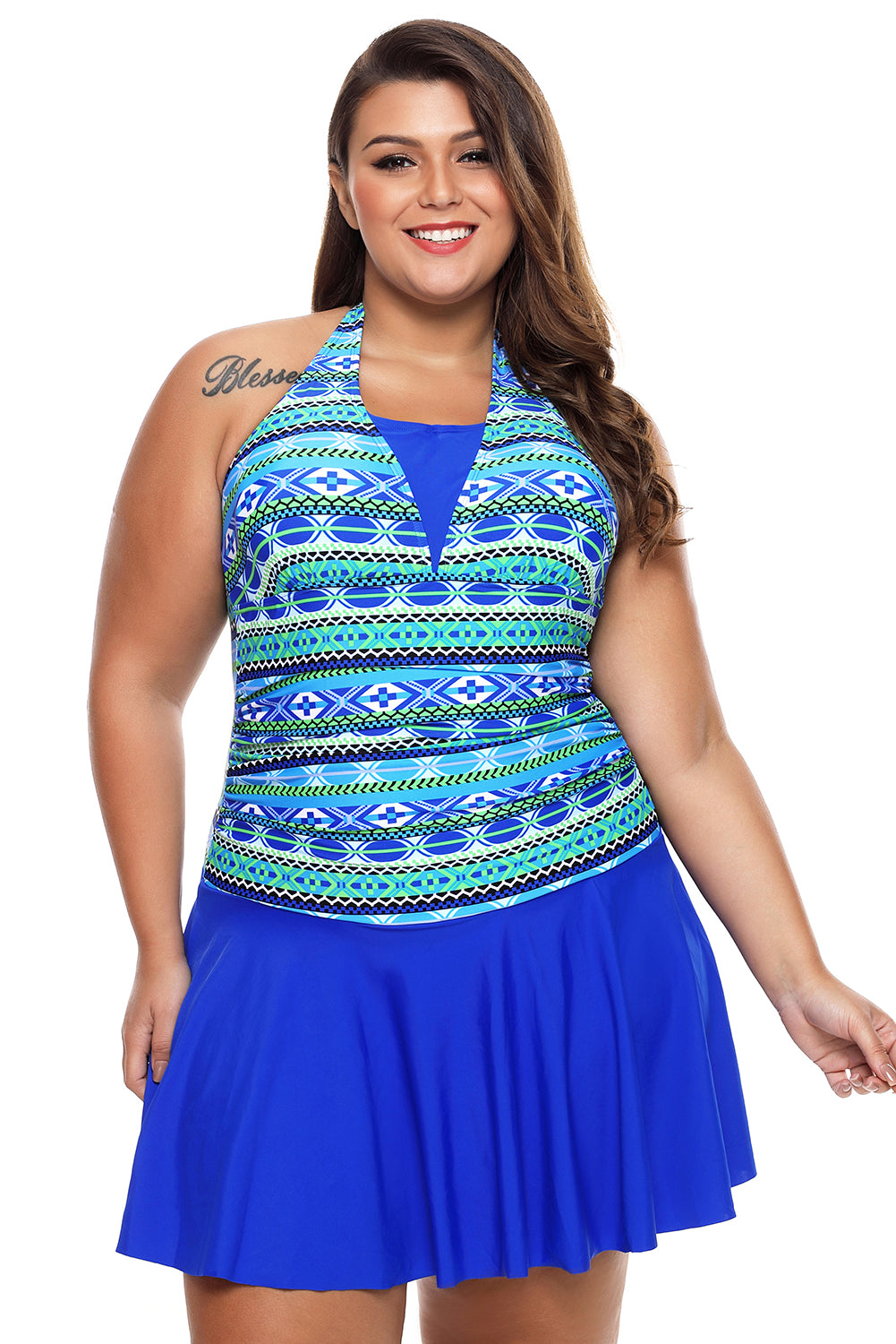 Aztec Print Royal Blue Halterneck One Piece Swimdress