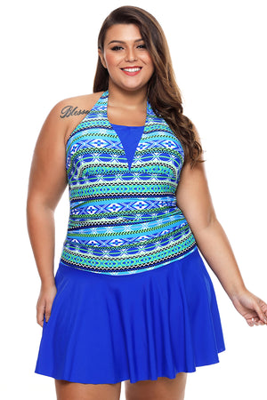 Aztec Print Royal Blue Halterneck One Piece Swimdress