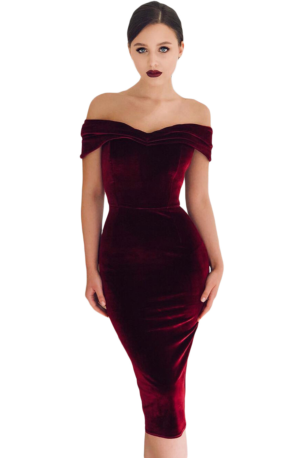 Wine Red Off Shoulder Ruched Velvet Party Dress