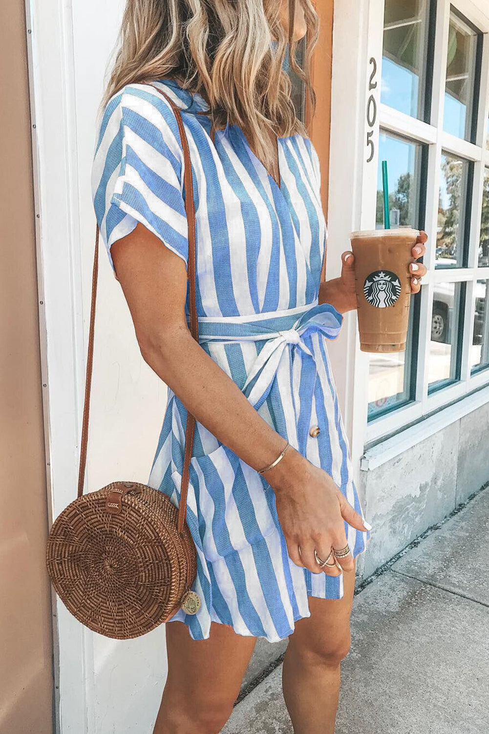 Sky Blue Fashion Stripe Short Sleeve Casual Dress