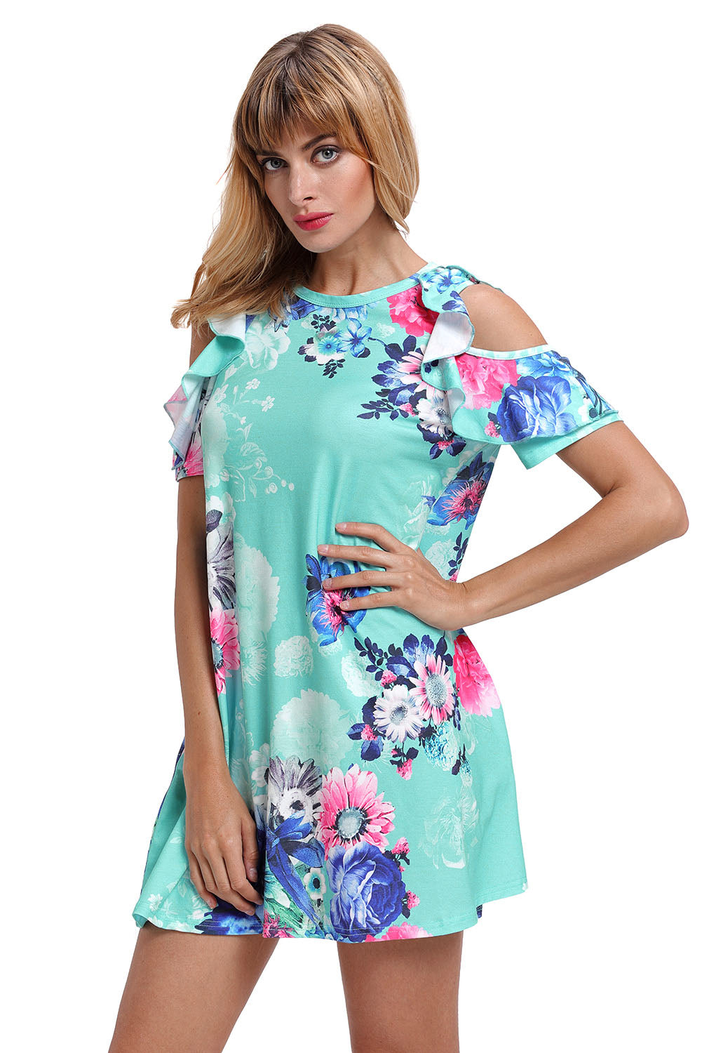 Ruffled Cold Shoulder Mint Floral Dress