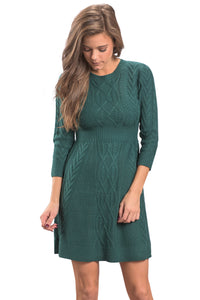 Green Cable Knit Fitted 3/4 Sleeve Sweater Dress