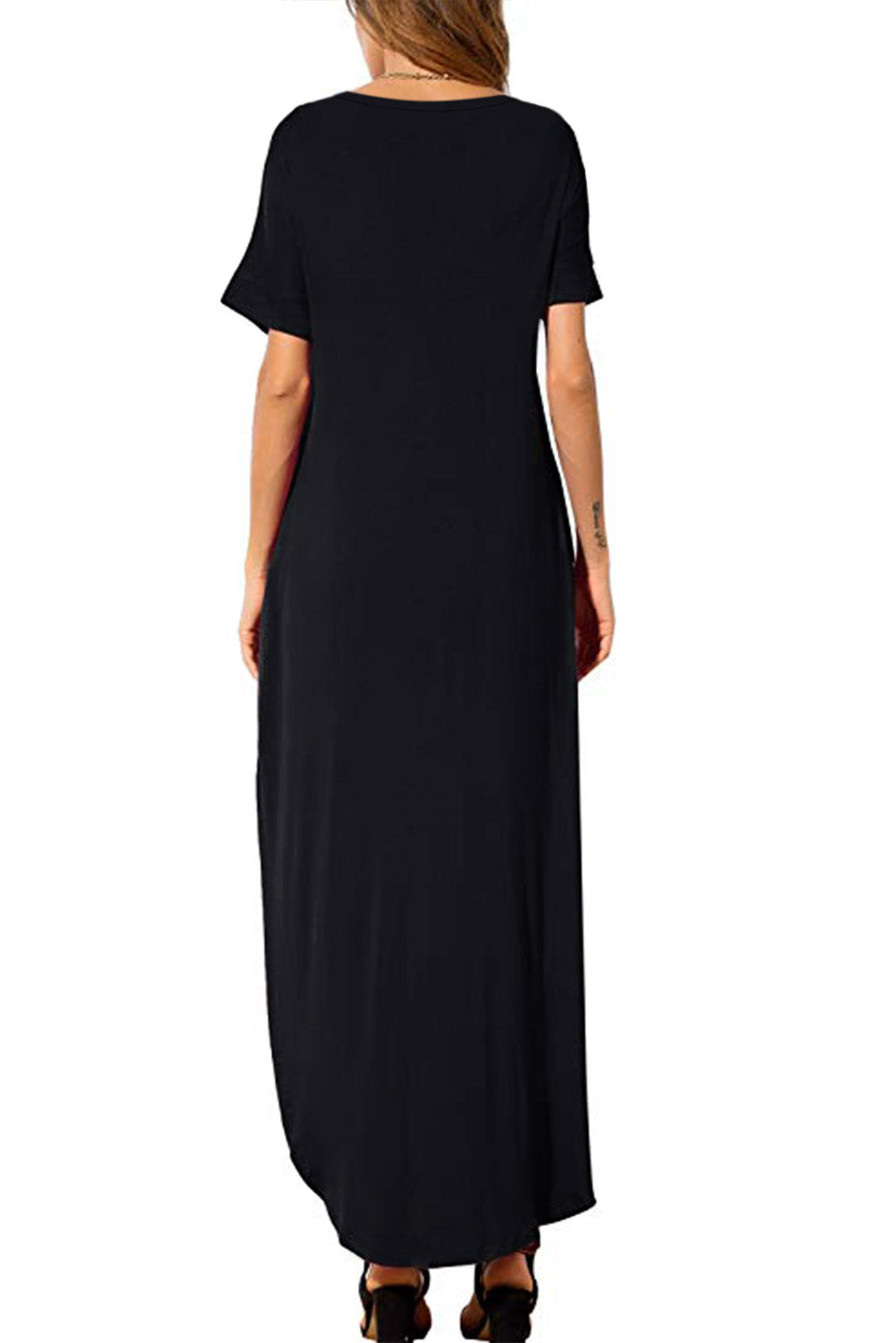 Black Casual Loose Pocket Short Sleeve Split Maxi Dress