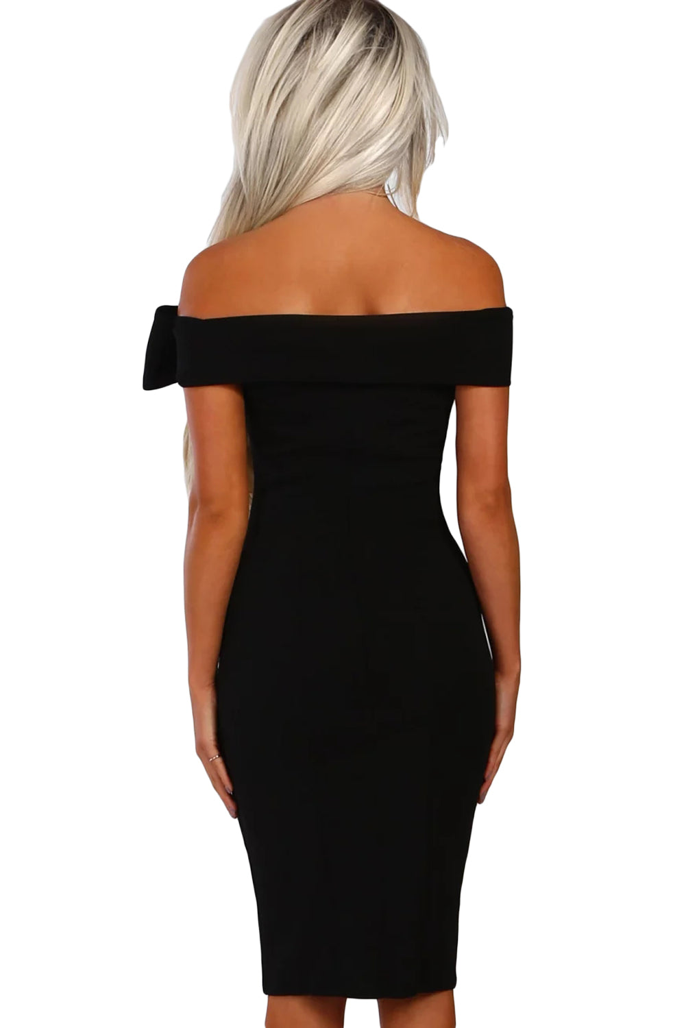 Black Bow Detail Bardot Bodycon Midi Dress