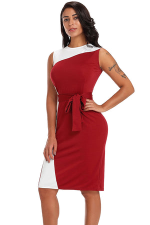 Asymmetric Burgundy White Patchwork Belted Sheath Dress