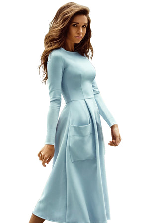 Light Blue Bateau Collar Casual Big Pocket Skater Dress