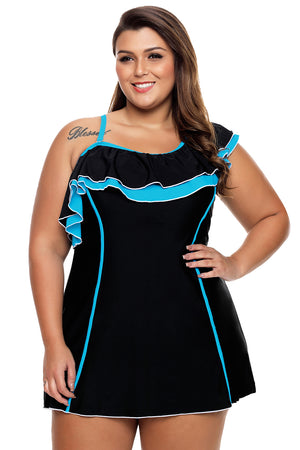 Black Blue Ruffle 1pc Swim Dress with Shorts