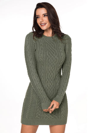 Army Green Slouchy Cable Sweater Dress