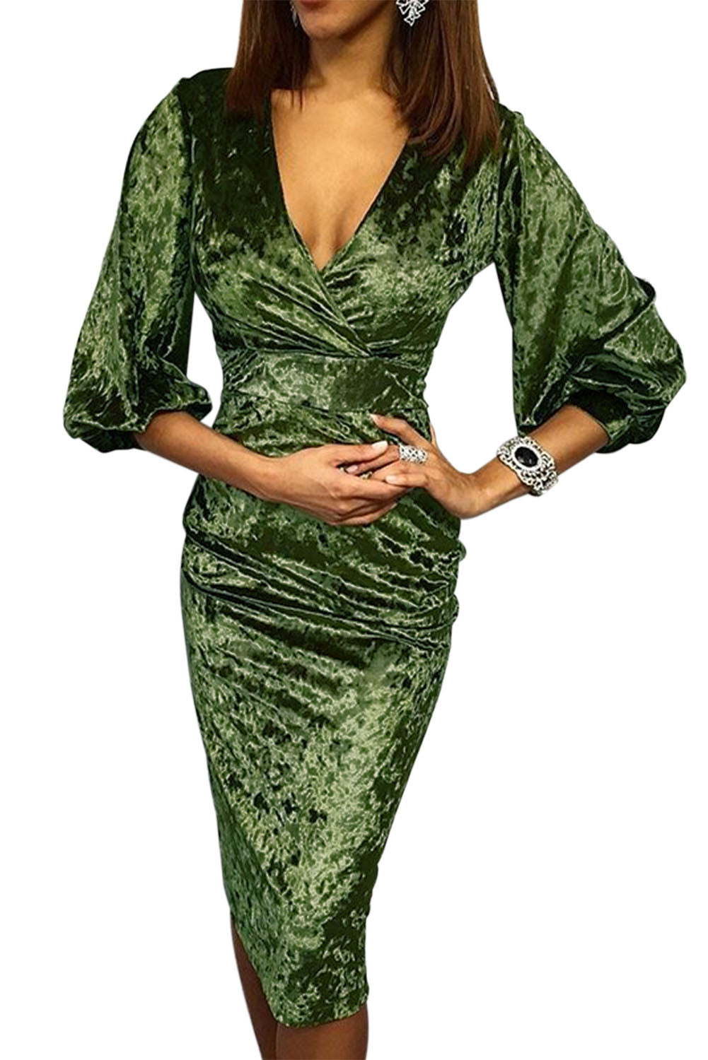 Green Glistening V Neck Velvet Midi Dress