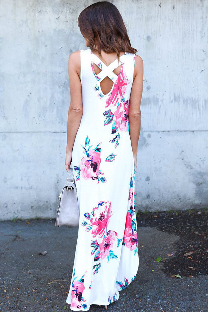 White Floral Pocketed Holiday Maxi Boho Dress