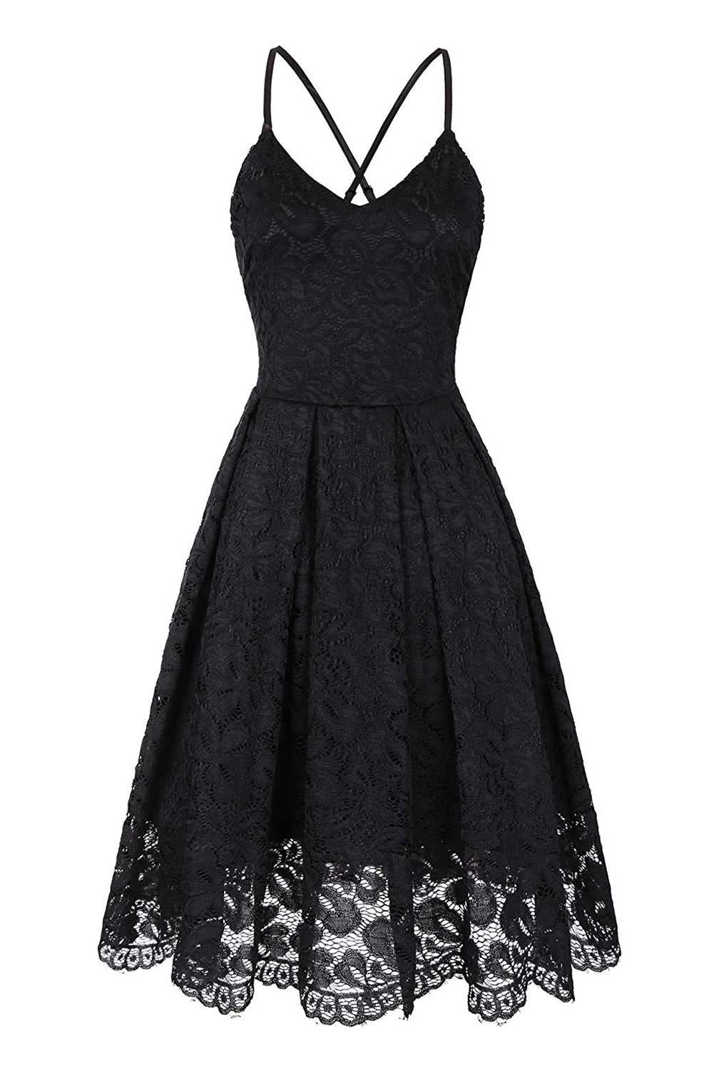 Black Lace Floral V Neck Backless Cocktail A-Line Dress