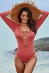 Red Sexy Lace up High Cut One Piece Swimsuit
